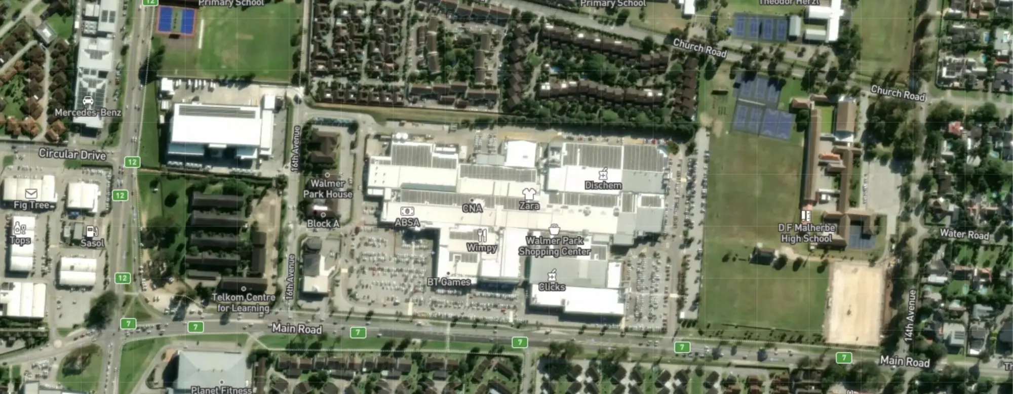 Aerial view of Walmer Park Shopping Centre, home of Art on Main