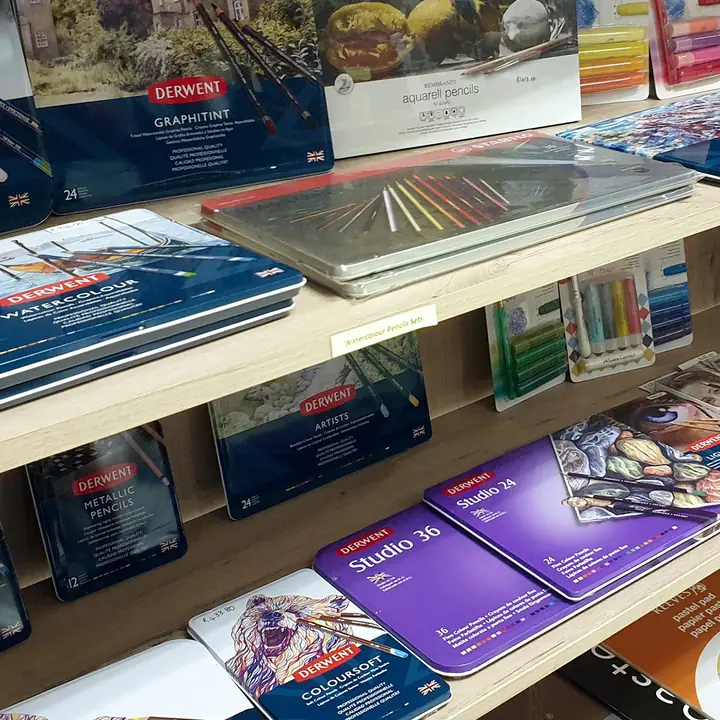 Art supplies on the shelves at Art on Main
