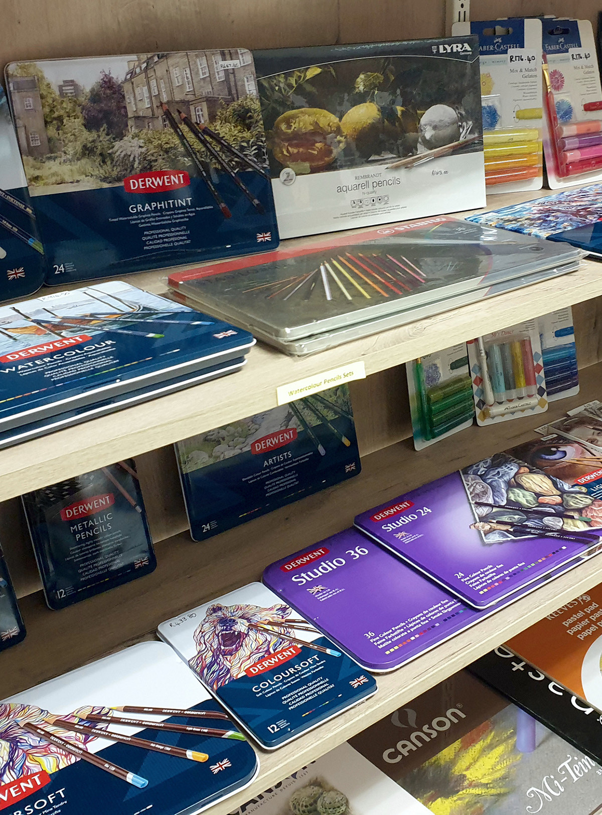 Art supplies on the shelves at Art on Main