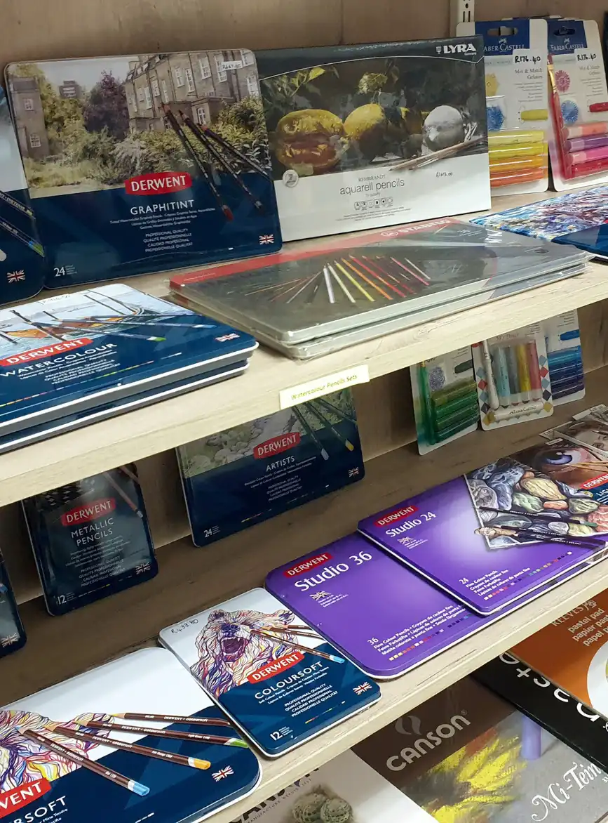 Art supplies on the shelves at Art on Main